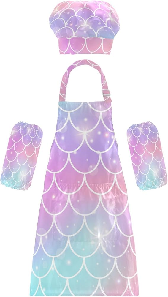 Kids Apron and Chef Hat Set, Adjustable Cute Mermaid Scales Rainbow PrincessChild Apron with Pockets for Baking Painting