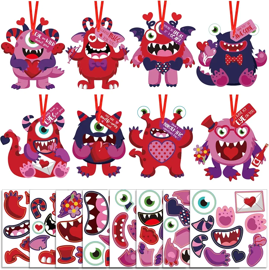 40 Sets Valentine's Day Crafts Kits for Kids, Valentine's Day DIY Monster Cards for Kids, Valentines Paper Craft Hanging Ornament, Valentines Entertainment Activities for Boys Girls School Class Home