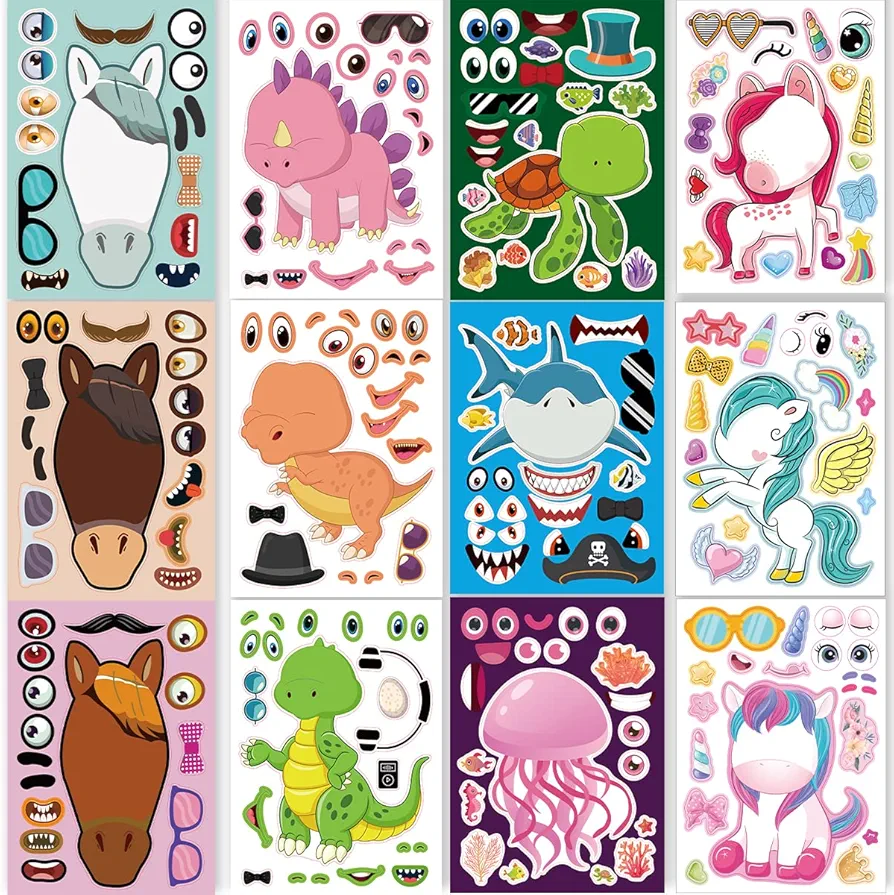 24 Sheets 8.27''×5.9'' Make Your Own Stickers for Kids Toddlers, Make a Face Stickers Mix and Match with Unicorns Dinosaur Horse and Sea Animals for Kids Party Favors Activities