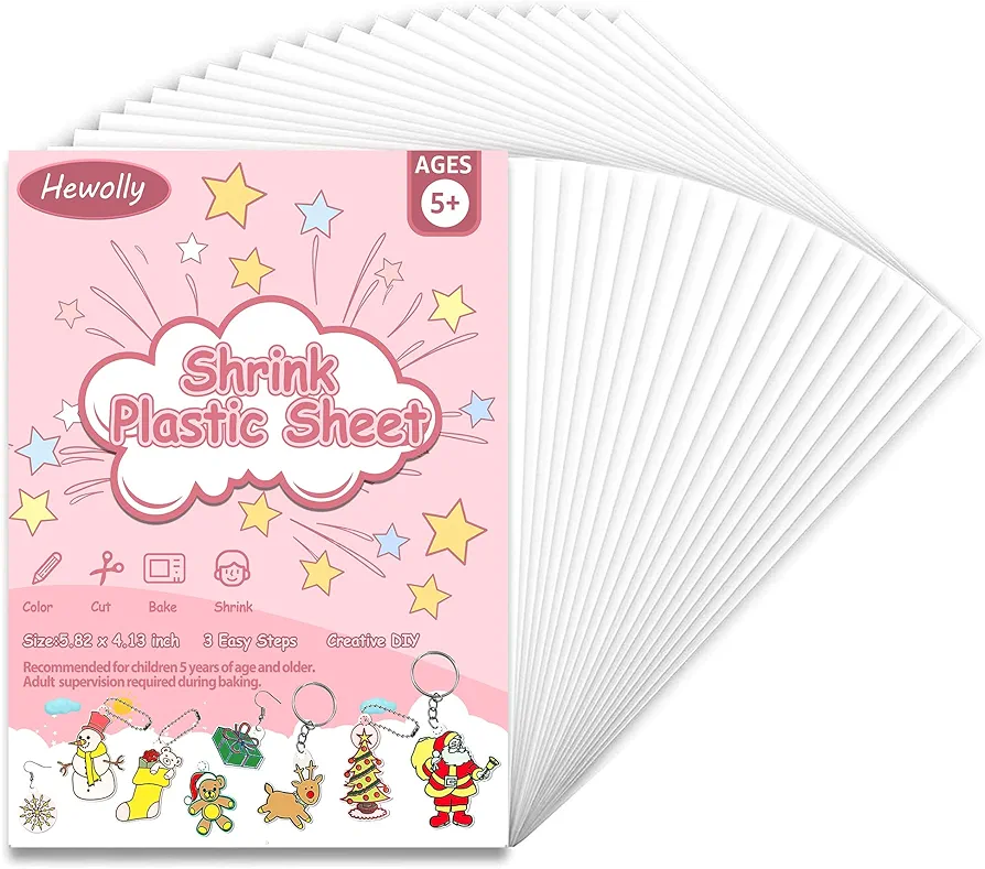 Hewolly 50 Pieces Shrink Plastic Sheets for Kids, 5.82 x 4.13 inch / 14.8 x 10.5 cm (A6 Size). Create Custom Jewelry, Keychains, and Crafts Shrink Art Paper Film for Kids, translucent, AM-A6-24-HW
