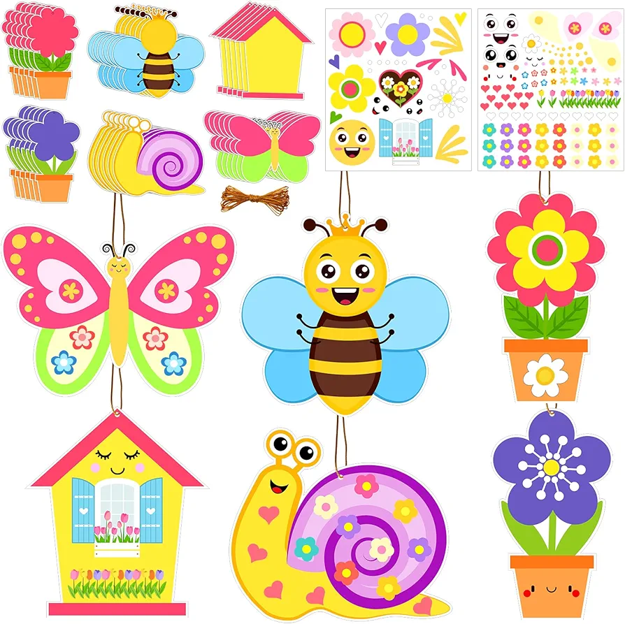36 Packs Spring Craft Kits for Kids, DIY Spring Flower Butterfly Bee Sticker Insect Preschool Art Craft, Make Your Own Bulk Set for Home Classroom Day-Care Game Activities Spring Party Favors