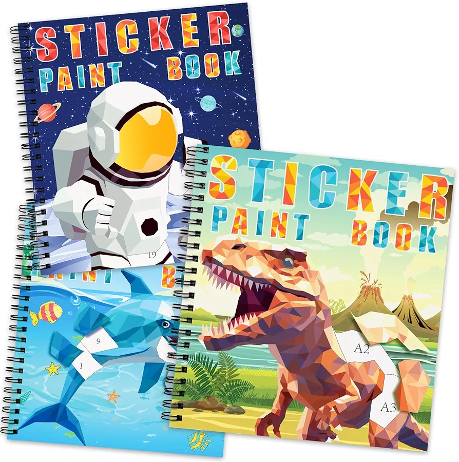 3PCS Sticker Paint Books for Kids Ages 4-10,Dinosaur Astronaut Ocean Animals Designs Paint by Stickers,Sticker by Numbers,Party Birthday Gifts for Boys 4-10,Create 30 Pictures at a Time