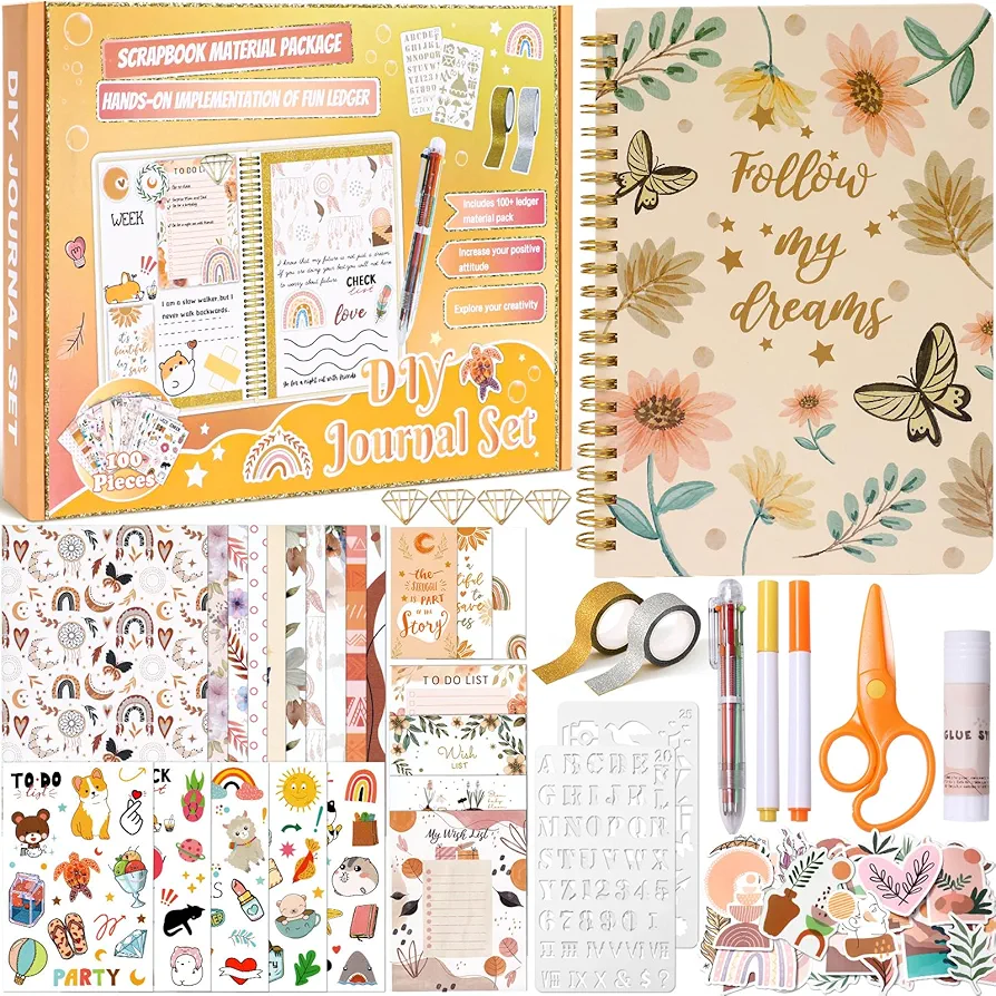 DIY Journal Kit for Girls, Notebook & Diary Supplies Set with Scrapbook Papers & Stickers, Teenage Kids Art Crafts Kit Toys, Cool Birthday Gifts for Tween Girls Age 6 7 8 9 10 11 12