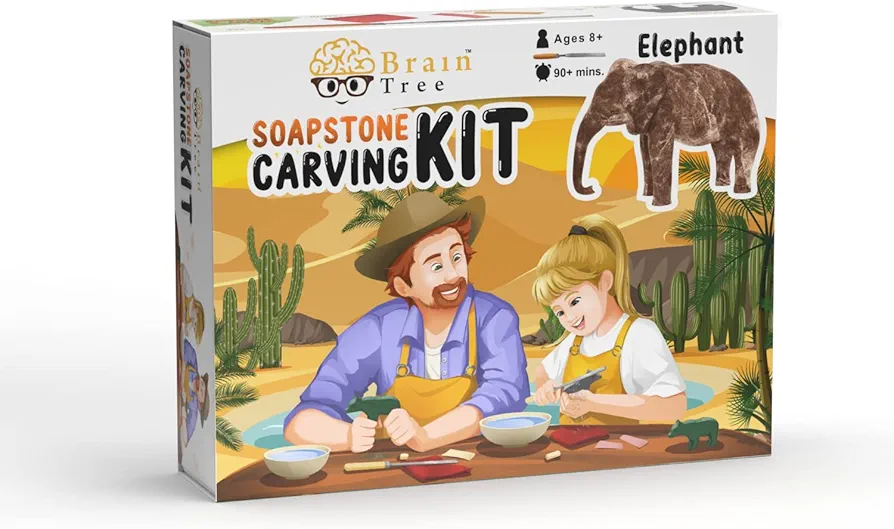 BRAIN TREE - Elephant Soapstone Carving Kit, Carve Your Own Sculpture for Girls, Kids, Boys –Teen Gift -Fun DIY Arts and Crafts Activity for Kids and Adults - DIY crafts Kit, Soapstone Sculpting Kits