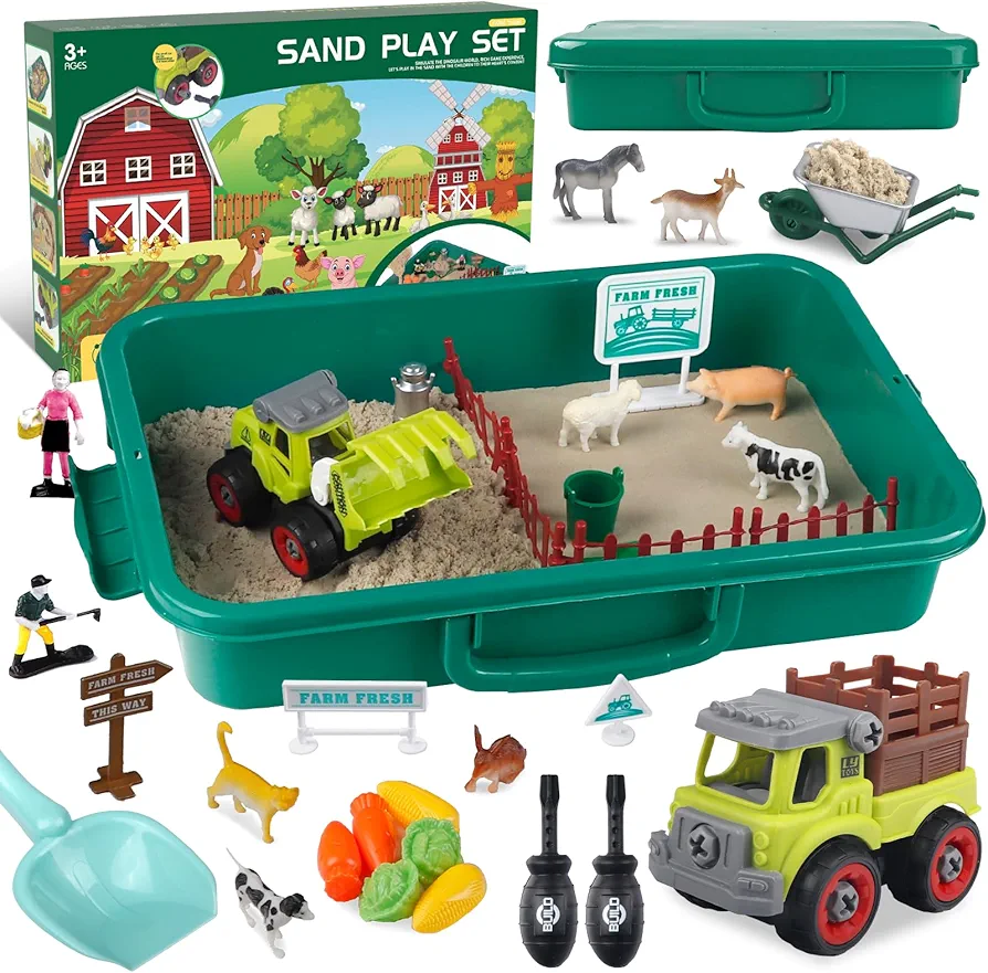 Farm Sensory Bin, Farm Toys & 2.2lbs Play Sand, Farm Animals, Farm Trucks, Sand Box with Lid, Christmas Birthday Gift for Kids Toddlers Ages 3 4 5 6 7 8