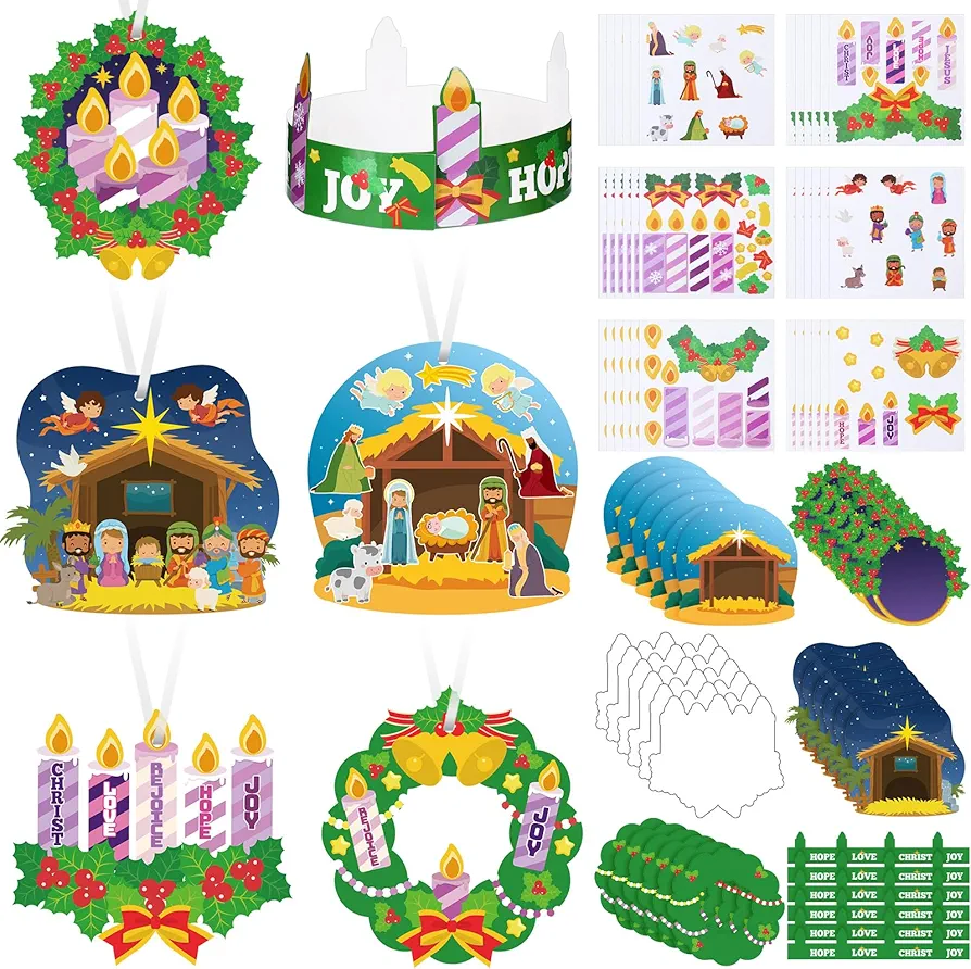 Outus 36 Sets Christmas Advent Wreath Craft Religious Nativity Craft Advent Craft Kits for Kids Christmas Tree Decorations Joy Candle Stickers Christmas Ornament for Holy Night Religious Party