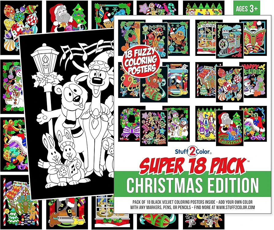 Super Pack of 18 Fuzzy Velvet Coloring Posters (Christmas Edition) - Excellent Family Time Craft Project to Share and Color - All Ages DIY Coloring Fun (Kids, Toddlers, and Adults) (1 Pack)