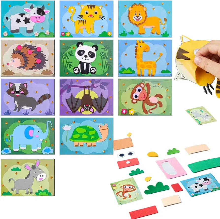 2024 New Cartoon EVA Sticker Toys, 12 Sheets DIY Kids Animal Handmade Stickers, 3D EVA Foam Sticker Puzzle Game, DIY Cartoon Animal Painting Stickers Learning Toys for Kids 3+ Years Art Craft Kits