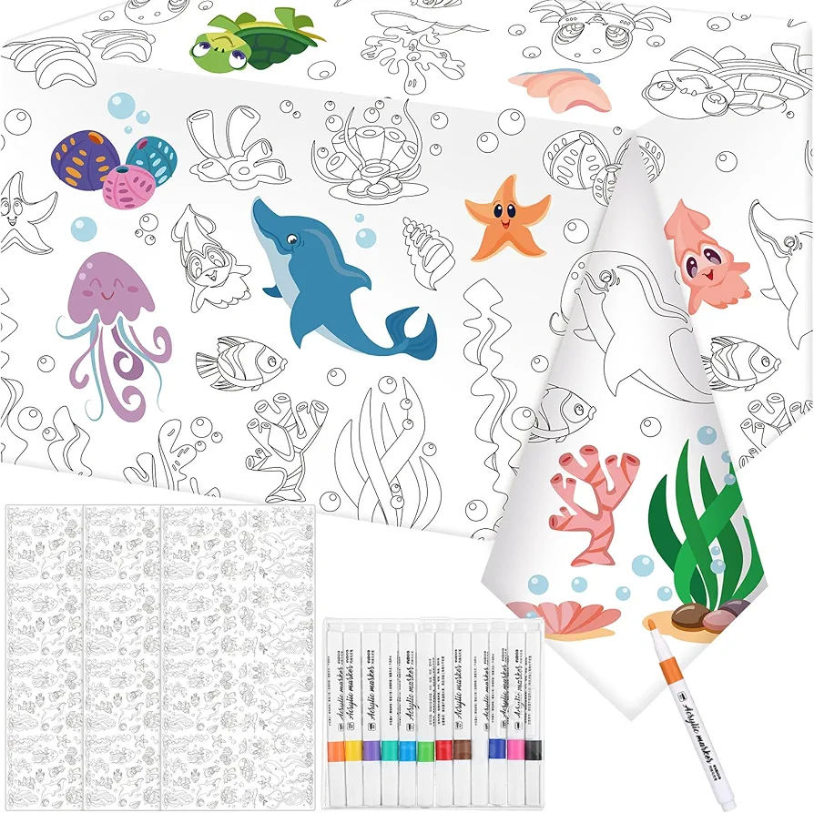 Giant Under The Sea Birthday Party Coloring Poster Tablecloth Waterproof Ocean World Coloring Poster with 12 Watercolor Pens Large Color in Table Cover for Kids Arts 54 x 108 Inch(3 Pcs)