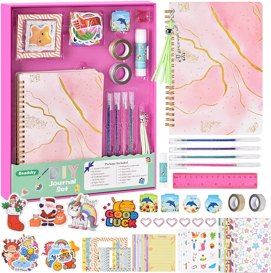 DIY Journal Kit for Girls, Birthday Gifts for Girls 7 8 9 10 11 12 13 14 Year Old, 112PCS Kids Journal Set Diary Notebook for Teen Tween Girls, Journaling Arts Crafts Supplies Scrapbook Stationery Set