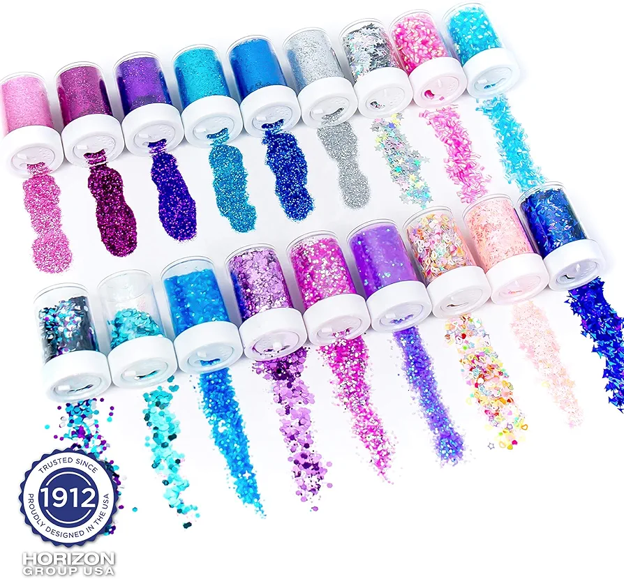 Horizon Group USA Glitter Shakers, 18-Pack, Assorted Glitter & Confetti, Fine Glitter, Chunky Glitter, Great for Resin Projects, Group Arts & Crafts, DIY Projects, Back to School Supplies & Art Class