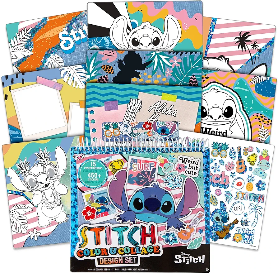 Fashion Angels Disney Stitch Color & Collage Design Set - 15 Colorable Lilo and Stitch Posters - Add Your Own Designs with 7 Included Sticker Sheets - Ages 8 and Up