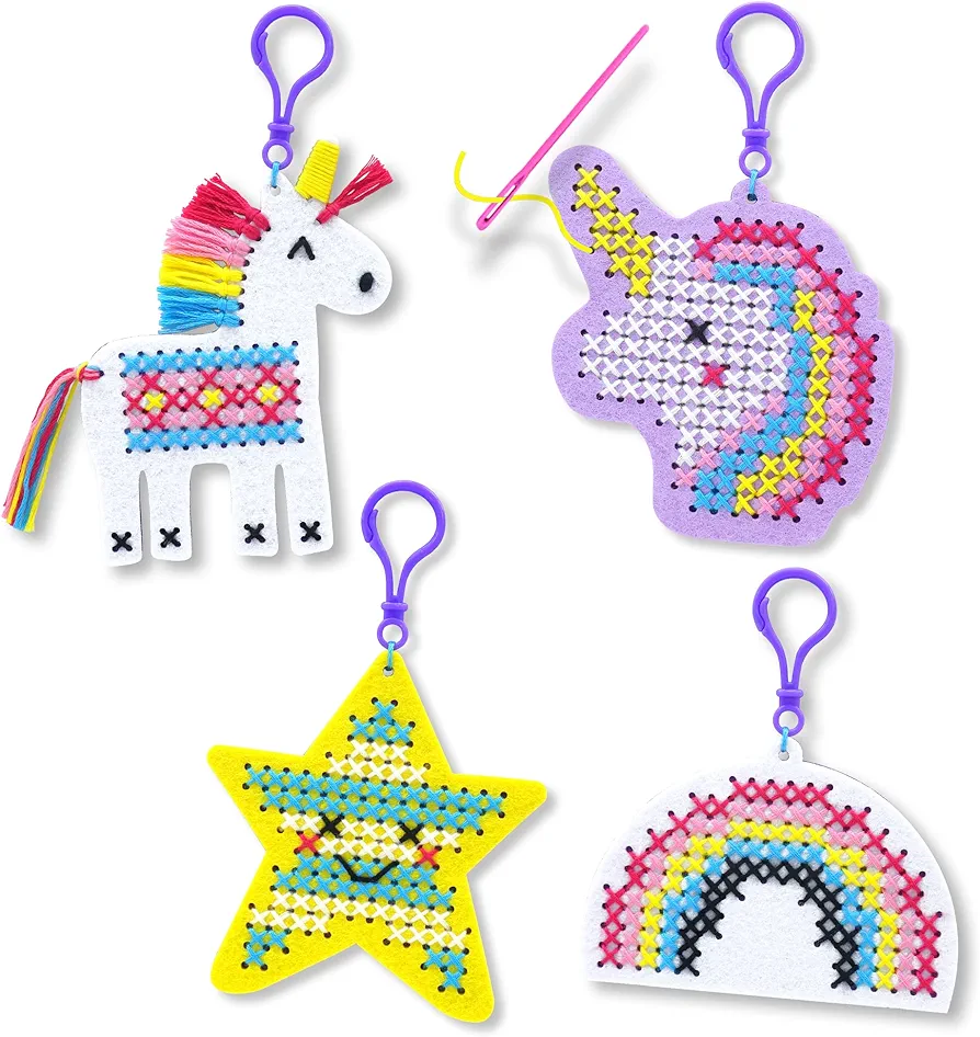 KRAFUN Cross Stitch Kits for kids Beginners, 4 Unicorn Cross Stitching Keyrings Arts & Crafts, Needlepoint Embroidery Kit for Girls 5-13 Craft Kit Backpack Charms, Ornaments