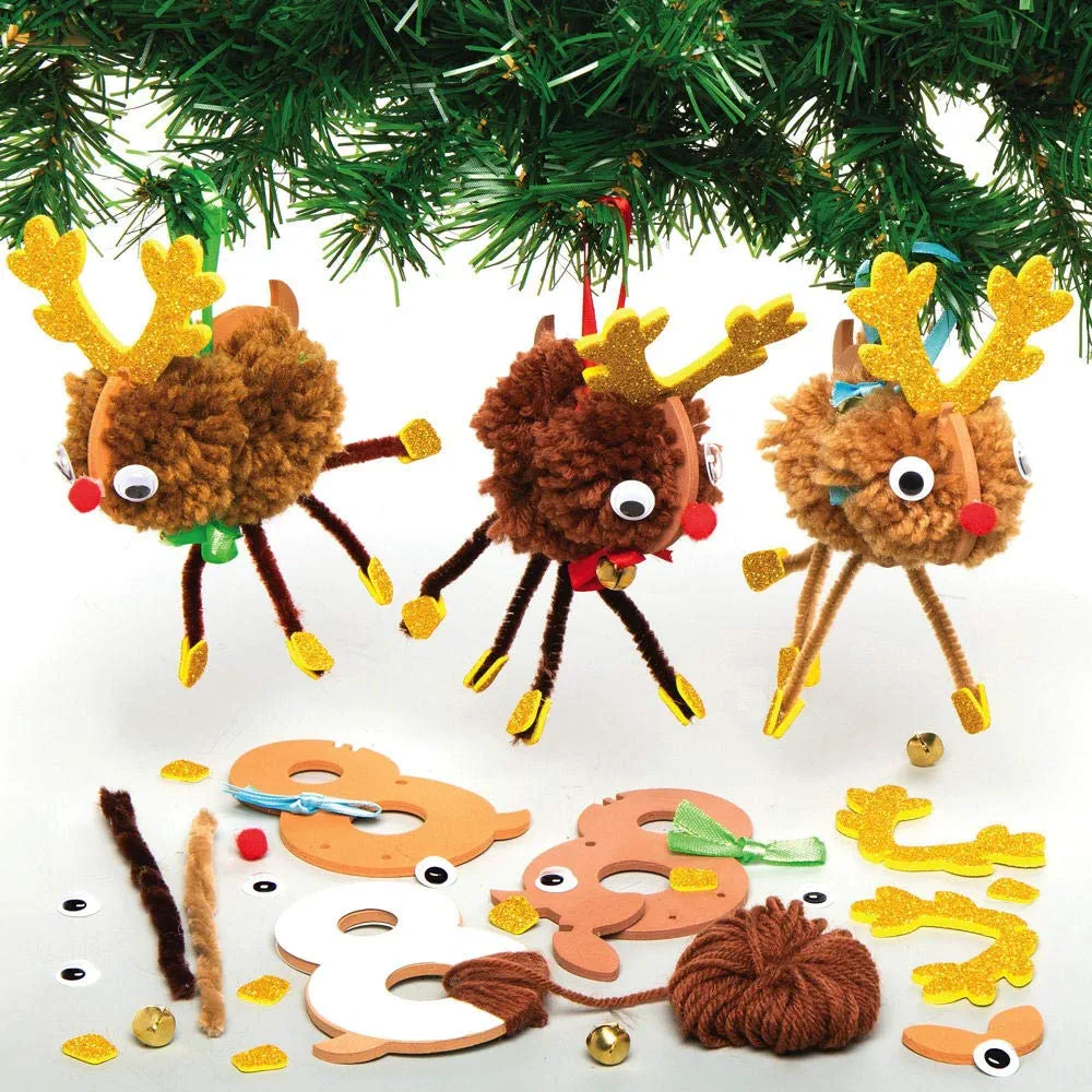 Baker Ross AX316 Festive Reindeer Pom Pom Tree Decoration Kits - Pack of 3, Homemade Christmas Ornaments for Kids Arts and Crafting Activities