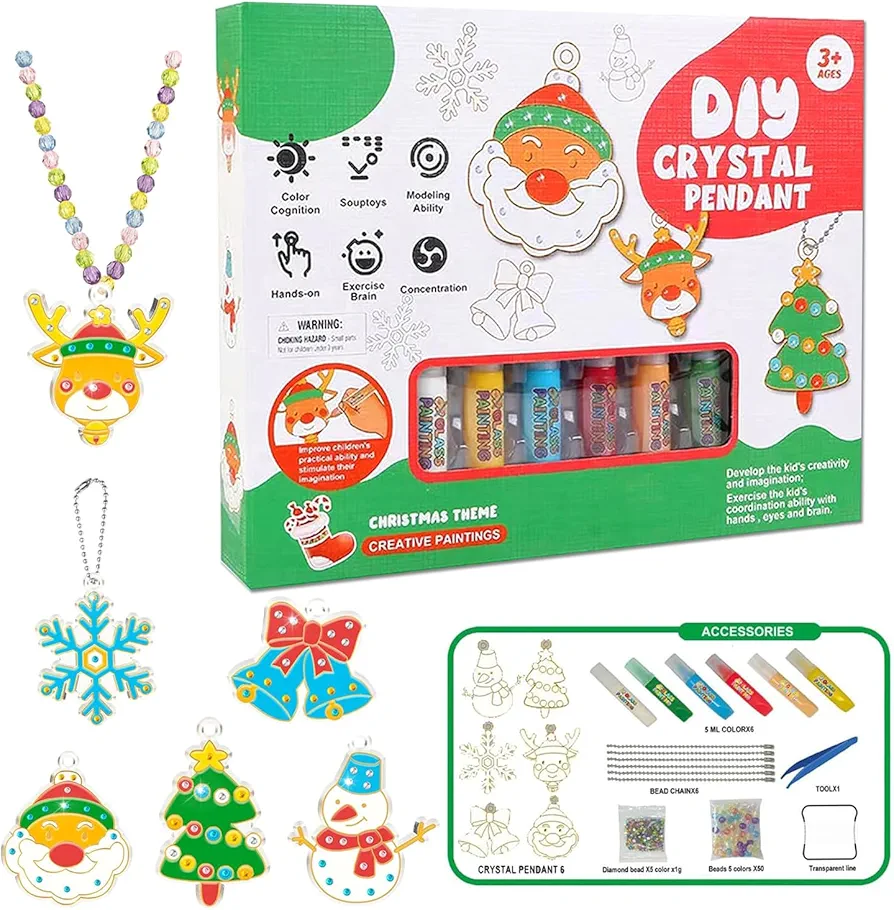 Christmas Crystal Paint Arts And Crafts Set - 6 Crysttal Pendants 6 Color Paint 6 Chains 1 Tweezer 3 Packs of Crystal Diamond Beads 1Pack Colored Beads 1 String Rope - DIY Crystal Pendant Kit Diamond