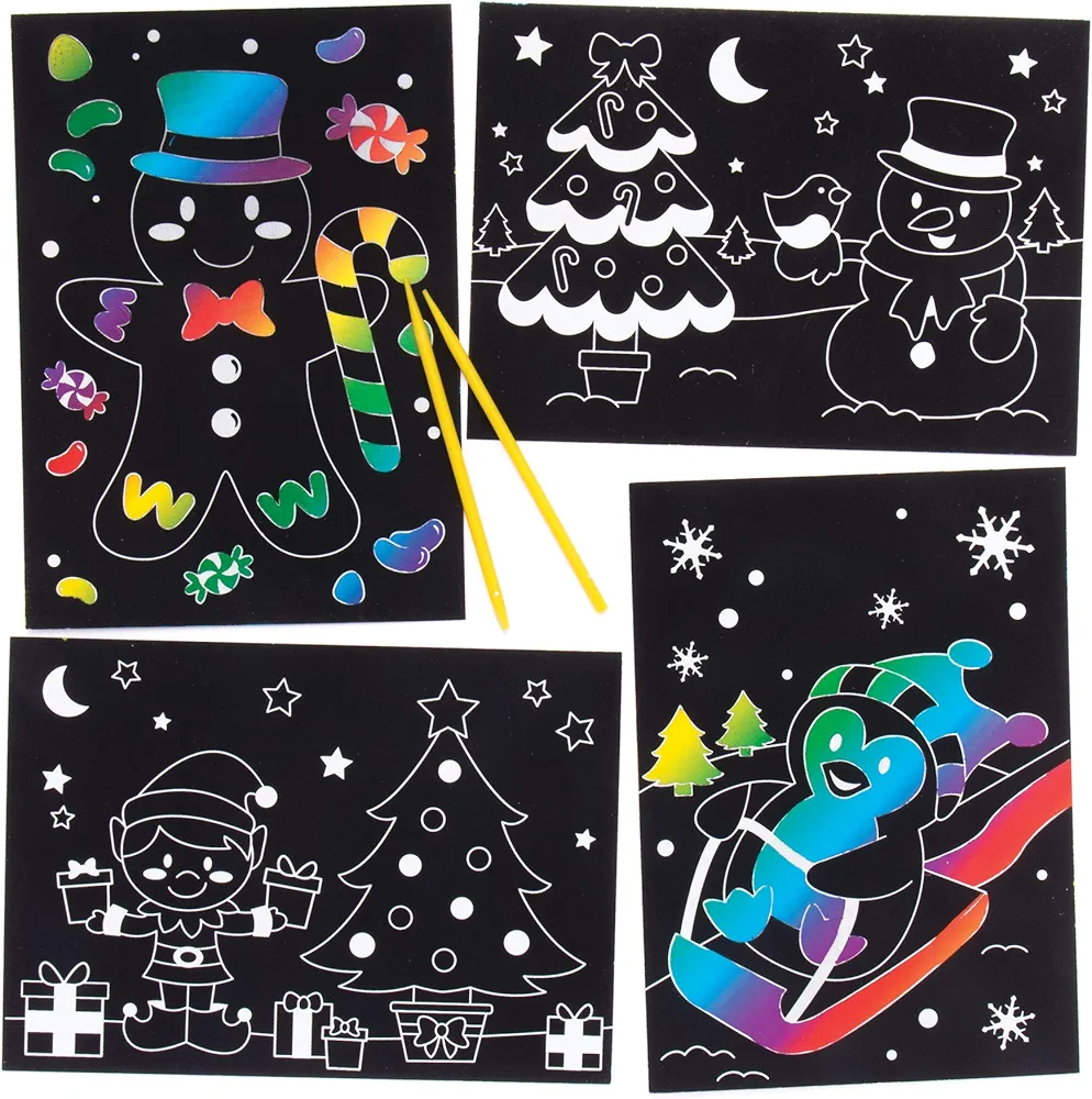 Baker Ross AR756 Scratch Art Pictures - Pack of 8, Scratch Art Paper and Scratch Art for Kids, Great for Kids Arts and Crafts, Christmas Gifts and Children’s Party Bag Fillers