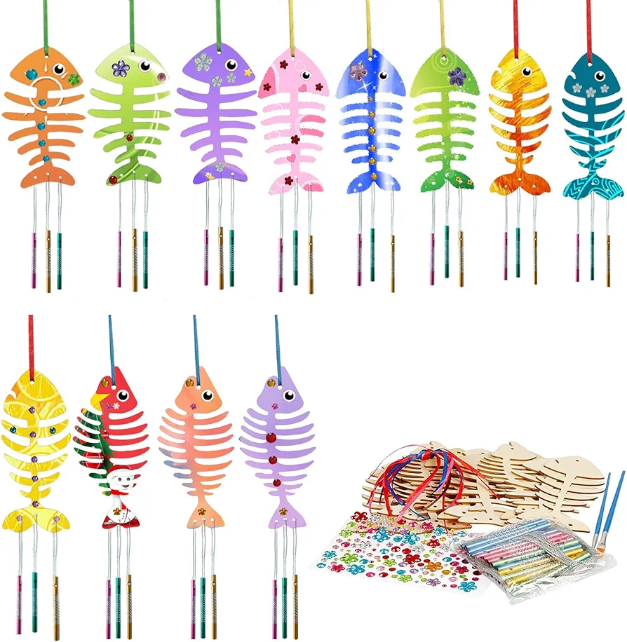 12 Pack Wind Chime Craft Kits for Kids-Wooden Arts and Crafts for Girls Boys, Make Your Own Fish Bone Wind Chime Ornaments DIY Coloring, Craft kits for Children for Art Activity/Birthday Party
