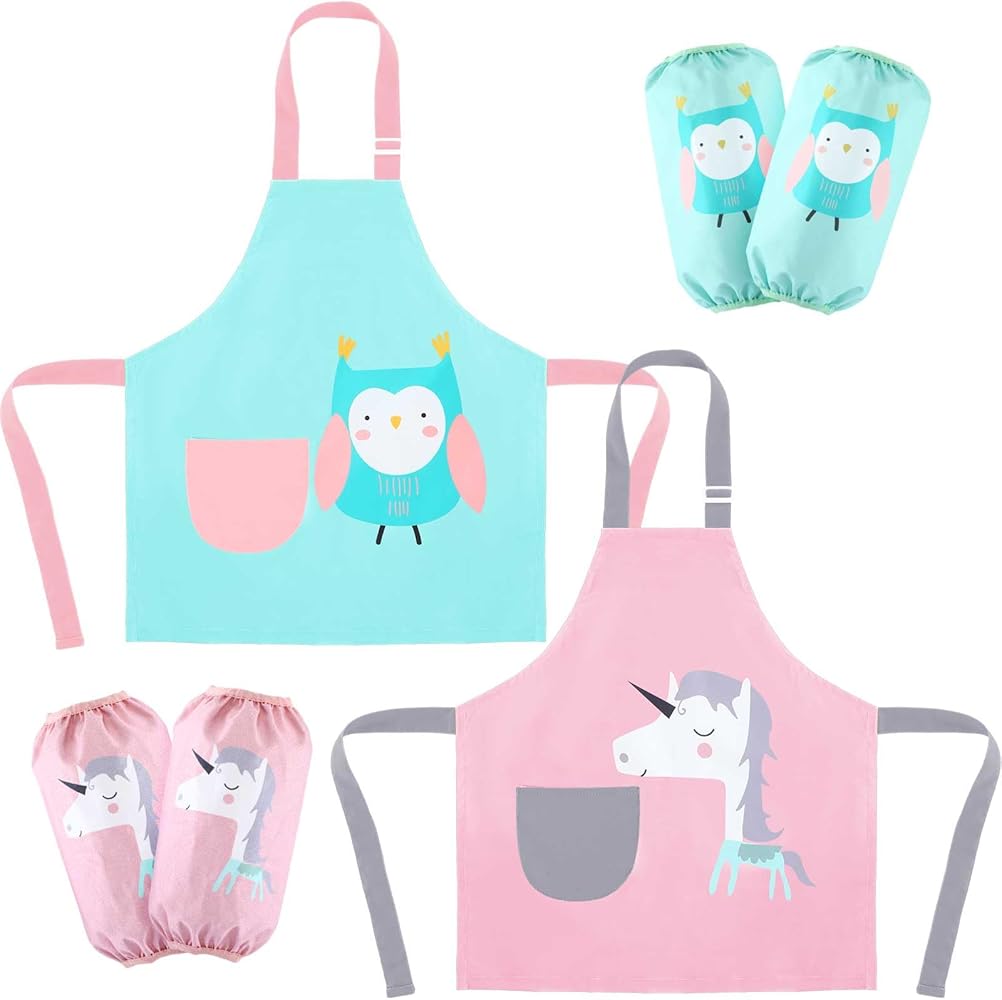 2 Pack Kids Apron Waterproof Artist Painting Apron with Pockets Chef Art Smock for Girls Boys Cooking Baking Art