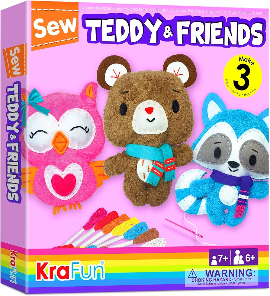 KRAFUN Sewing Kit for Kids Age 7 8 9 10 11 12 Beginner My First Art & Craft, includes 3 Stuffed Animal Dolls Teddy, Raccoon and Owl, Instructions & Plush Felt Materials for Learn to Sew, Embroidery
