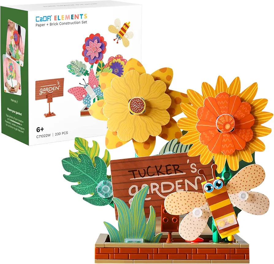 CaDA Flower Garden Building Toys, Paper & Brick 230 Pcs Flower Building Brick Kit with Flapping Bee Clip Brick Gift Toys for 6+ Year Old Girls Birthday, DIY STEM Gardening Building Set