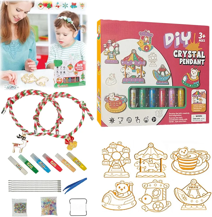 RJDJ DIY Crystal Paint Arts and Crafts Set, 2024 New DIY Crystal Painting Kit for Kids, Diamond Painting Keychains Kit for Girls Crafts, Bake-Free Crystal Color Glue Painting Pendant Toy (F)