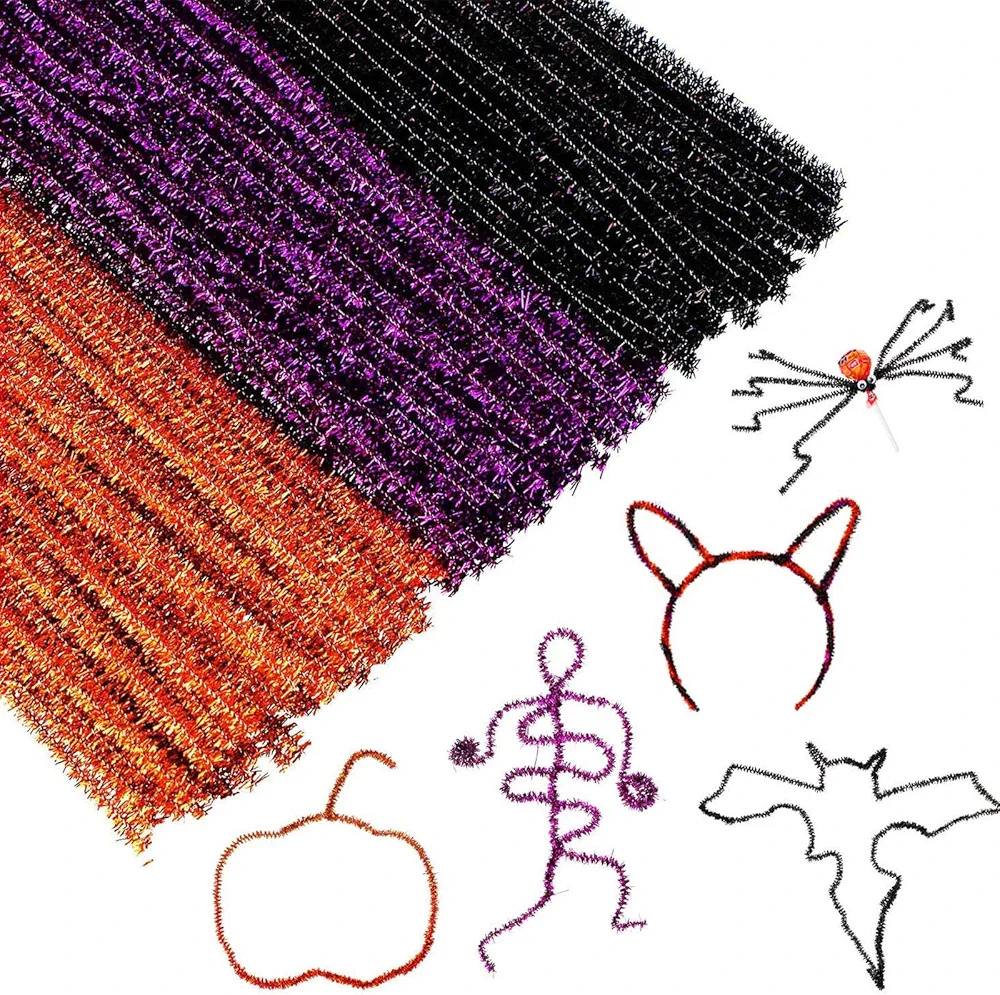 300 Pieces Glitter Tinsel Chenille Stems Pipe Cleaners Multicoloured Metallic Pipe Cleaners DIY Art Craft for Halloween