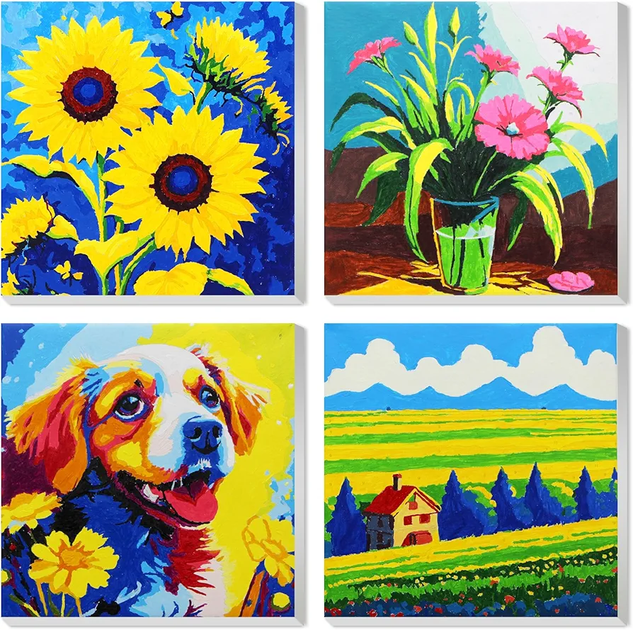 Libfx 4 Pack Paint by Numbers kit for Kids with Frame Paint by Number for Kids Ages 8-12 Girls Boys Beginners Oil Painting Kids Paint by Number Kits 8x8 Inch(Flowers)