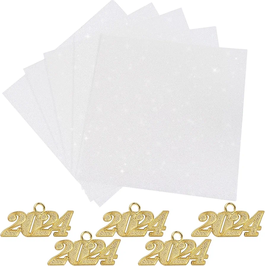 TKNOUS 10Pcs DIY Grad Cap Decorations - White Glitter Heavyweight Premium Construction Paper with Gold 2024 Graduation Charm for Graduation Cap Tassel, 2024 Alloy Graduation Tassel Charms Pendant …