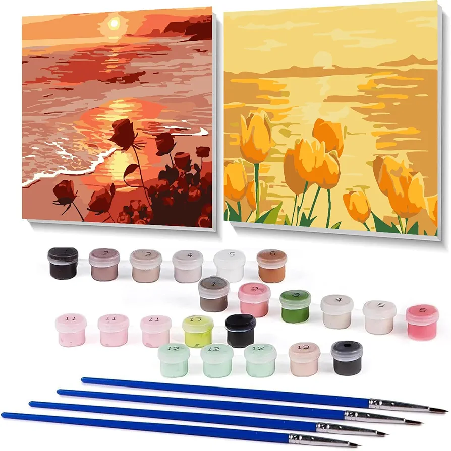 ZRIZQ 2 Framed Paint by Numbers for Kids Ages 6 8 10 12 Frame Easy,Paint by Numbers for Adults Beginner,Flowers Painting Kit for Girls,Rose Tulip Crafts for Girls(10x10 Inch)