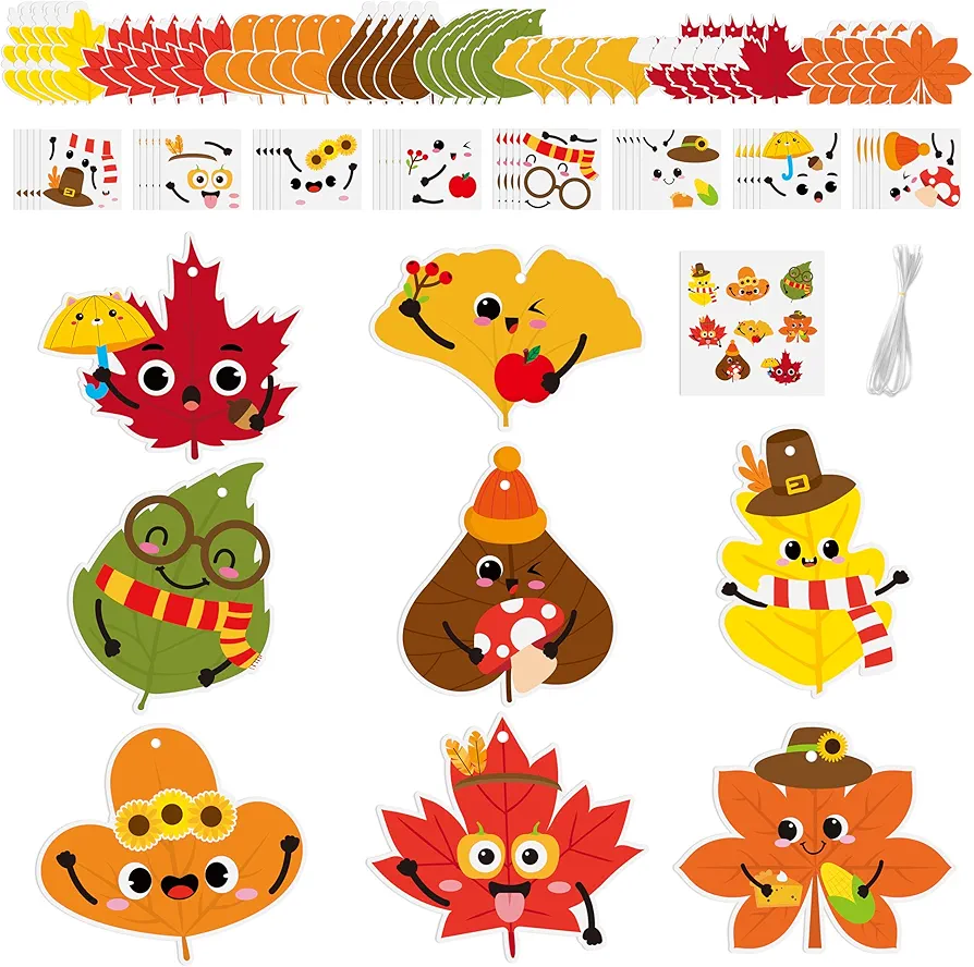 3sscha 123Pcs Fall Leaves Craft Kit for Kids - Make Your Own Autumn Maple Leaf Card Bulk Set DIY Self-Adhesive Sticker Handmade Thanksgiving Art Project Classroom Home Activity Party Favor Decor