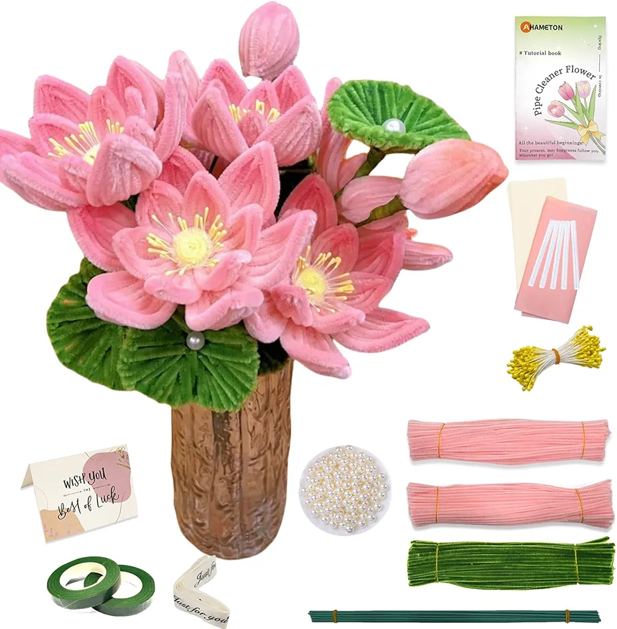 480PCS Fluffy Pipe Cleaners Craft Supplies Pink Pipe Cleaners Green Bouquet Supplies Blossom Tulips Lily Pipe Cleaners Bulk DIY Flower Bouquet Kit Chenille Stems for Wedding Gift, Holiday Decoration