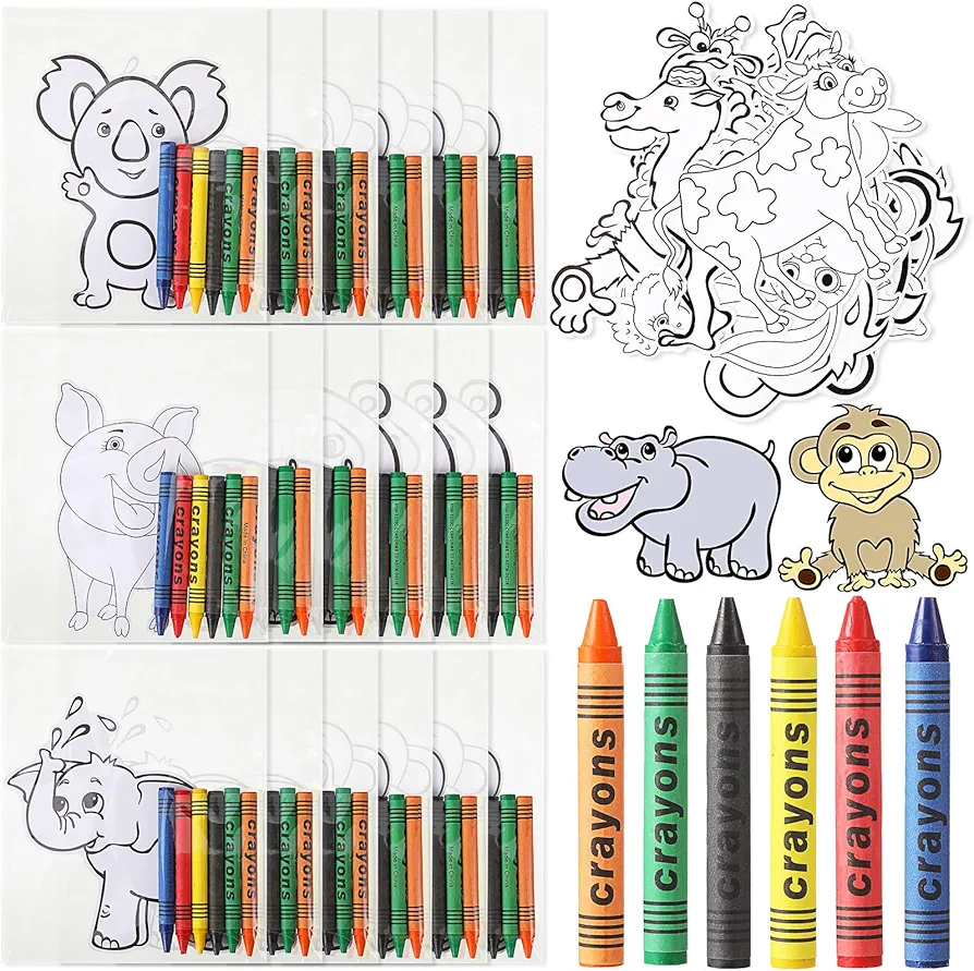 24 Pack Coloring Kit for Kids Art Coloring Crayon Card Set Includes 192 Crayons and 24 Animal Cards Coloring Supplies for Classrooms Birthday Party Favor Gift Boys Girls(Animal)