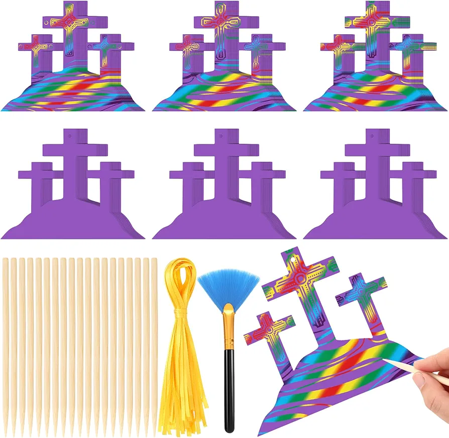Liliful 60 Sets 3 Easter Crosses Scratch Crafts for Kids Easter Colorful Scratch with 30 Wooden Scratch Tools Purple Hanging Craft Kit for Kids Gifts Holy Week Crafts for Kids Sunday School
