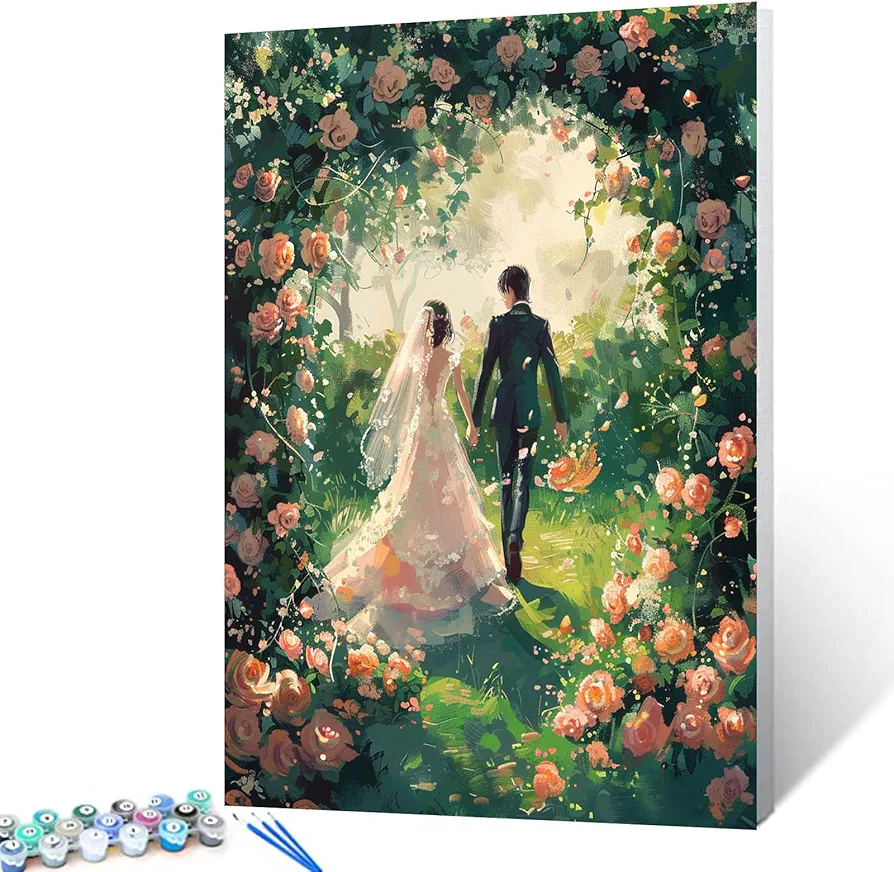 Groomsmen Holding Bride Hand Paint by Numbers Kits with Brushes Happiness Wedding Acrylic Oil Painting for Adults Kids Romantic Flowers Party Pictures Arts Craft Boho Home Decor Gift(DIY Frame)