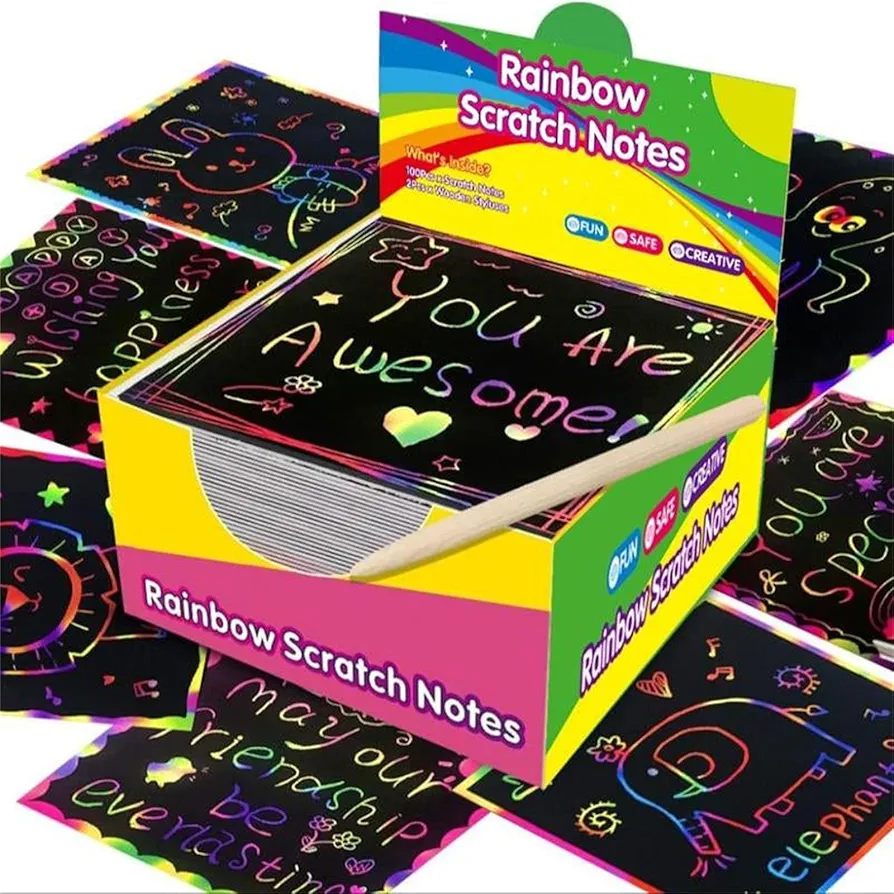 Rainbow Scratch Mini Art Notes, Scratch Paper Art Set, Magic Scratch Paper Note Cards for Kids Toy, Art Crafts Kits Classroom Supplies for Kids Party Activities Birthday Halloween (SET A)