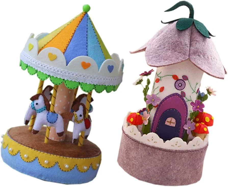 Luzhengyang 2 Set DIY Felt Applique Kit Music Box Sewing Projects Arts Crafts | Non-Woven Fabric Handwork Material Package for Home Decor Birthday Gift | Felt Craft Kit for Adults and Kids