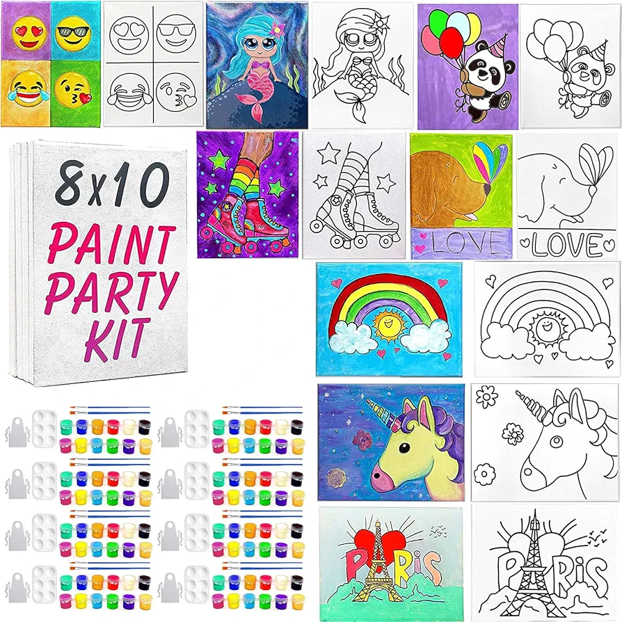 INDIGO ART STUDIO 8 Pack - 8x10 Canvas Painting Set for Kids | Unicorn Paris Rainbow DogLove Mermaid Retro Skates Panda Baloons | Birthday Paint Party Favor | DIY…