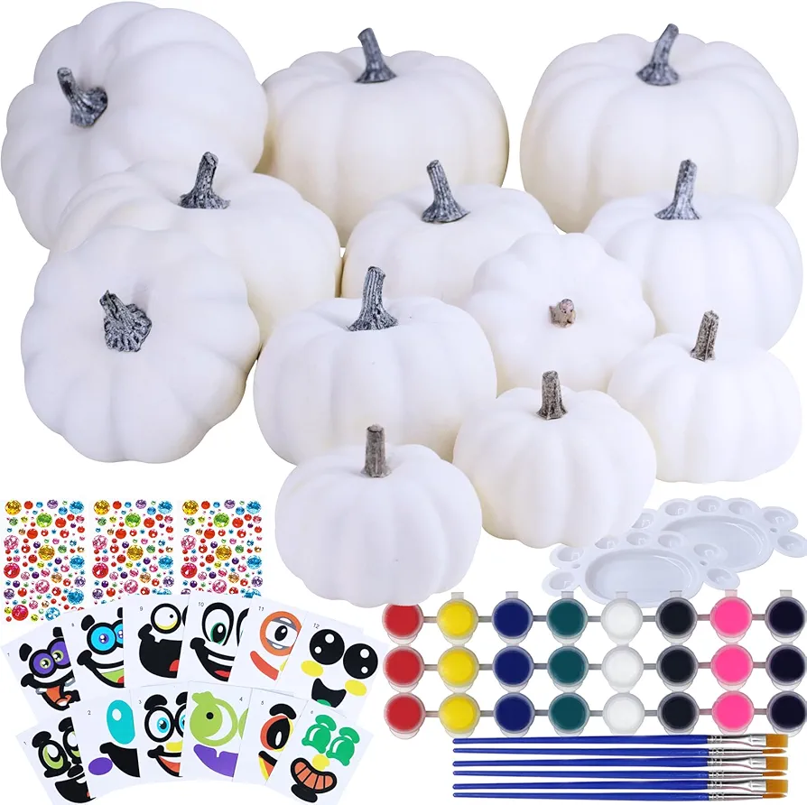 Winlyn 12 Sets DIY Fall Pumpkin Painting Kits Assorted White Foam Pumpkins Craft Pumpkins to Paint for Kids Classroom Activity Art Projects Halloween Thanksgiving Fall Gifts Party Favors Holiday Décor