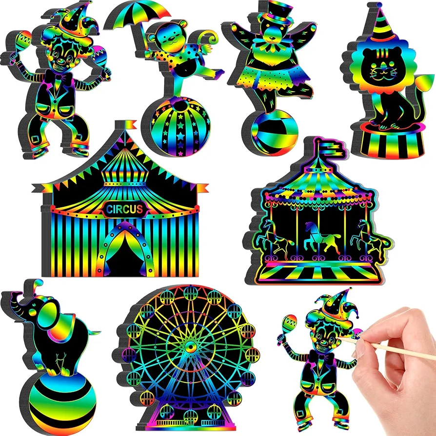 RoundFunny 80 Pcs Carnival Cutouts Scratch Cards Circus Theme Party Crafts for Kids Colorful Circus Animals Scratch Paper for DIY with 80 Pcs Stick and Ribbon for Birthday Party Classroom Rewards Art