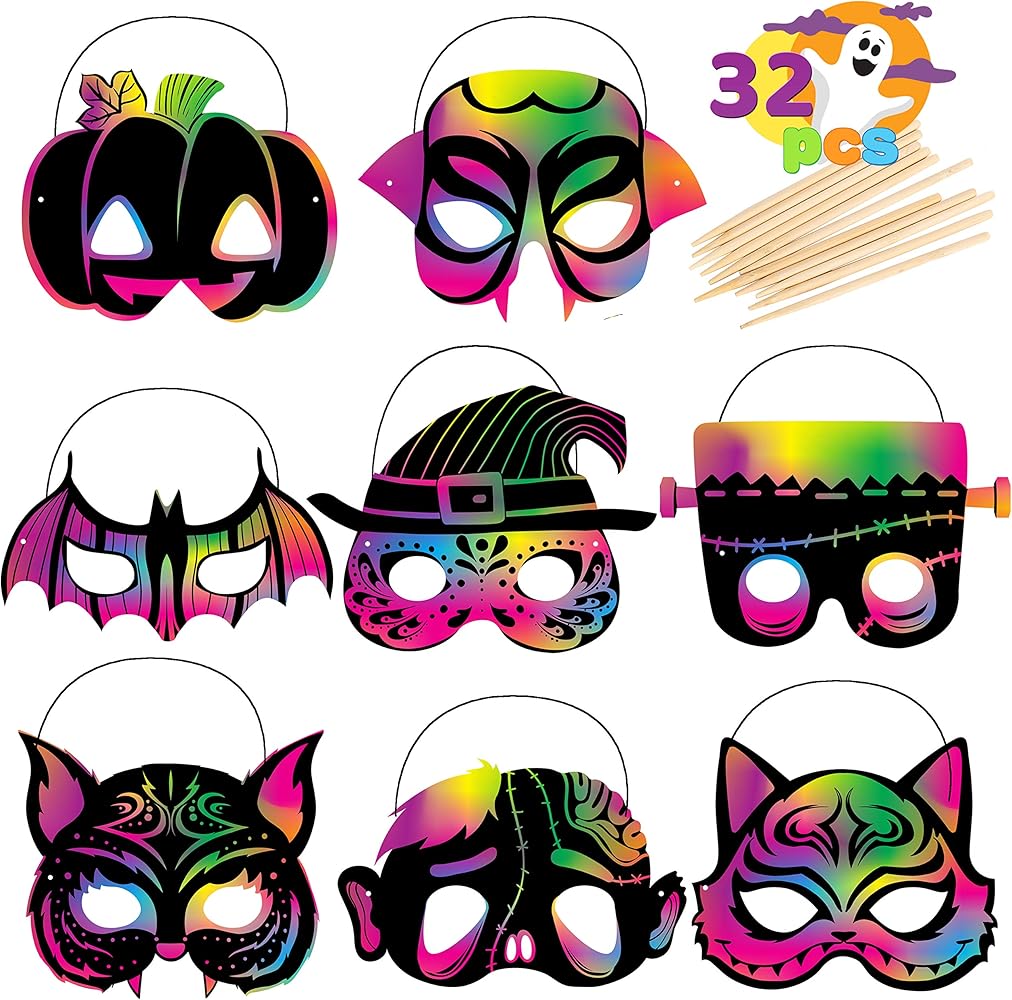 JOYIN 32 Pcs Halloween Rainbow Scratch Masks Crafts for Kids, Halloween Party Favors, Scratch Art Masks, Halloween Party Supplies, Scratch Off Paper Animal Masks Classroom Activities Gift Party Games