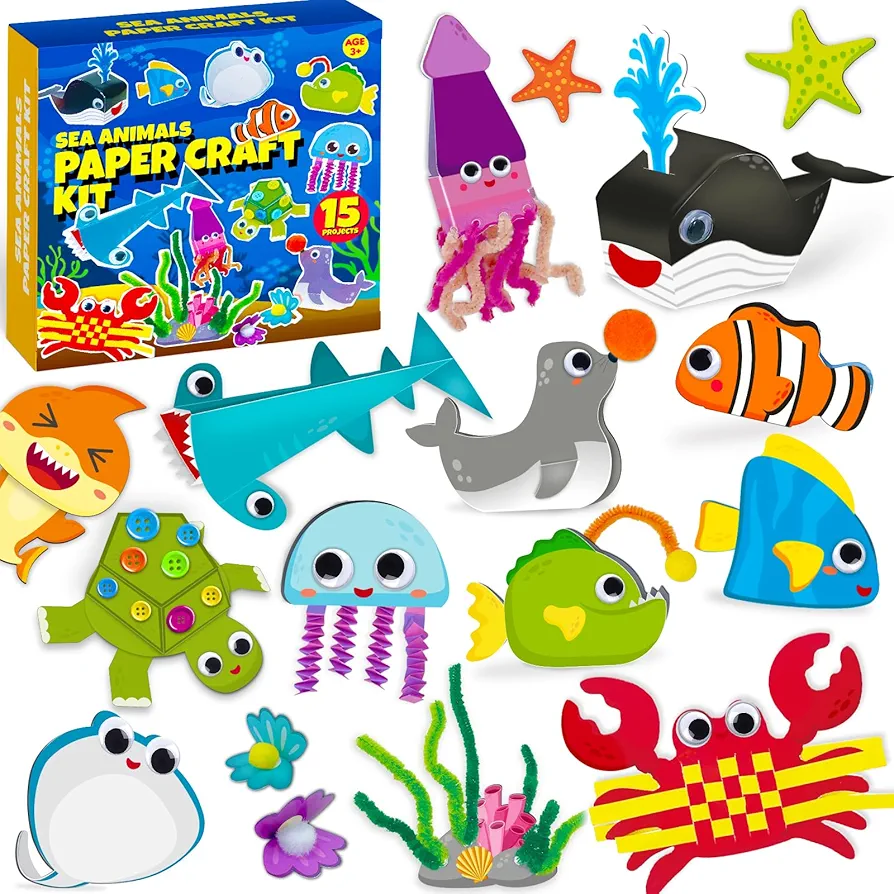 Cheffun Sea Animals Paper Craft Kit, Sea Animal Themes Toddler Arts and Crafts for Kids 4-6 6-8 4-8, Kids Arts & Crafts Ages for Toddlers 4-8 Years, Kids Art and Craft Supplies Kit for Kids 6-9