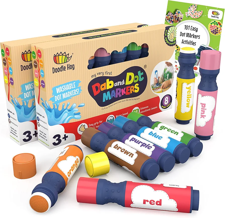 Washable 8 Colors Dot Markers 2 Pack Set - Paint Daubers for Kids - Toddlers - Non-Toxic Bingo Daubers Arts and Crafts Supplies - Includes 200 Plus Fun Downloadable Coloring PDF Sheets (2 Packs)