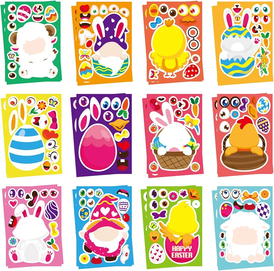 Easter Stickers for Kids - 24 Pcs Easter Mix and Match Make a Face Animal Stickers with Easter Egg Themed Bunny Eggs Gnome Chicken Sheep Duck Party Favor Supplies, Art and Craft
