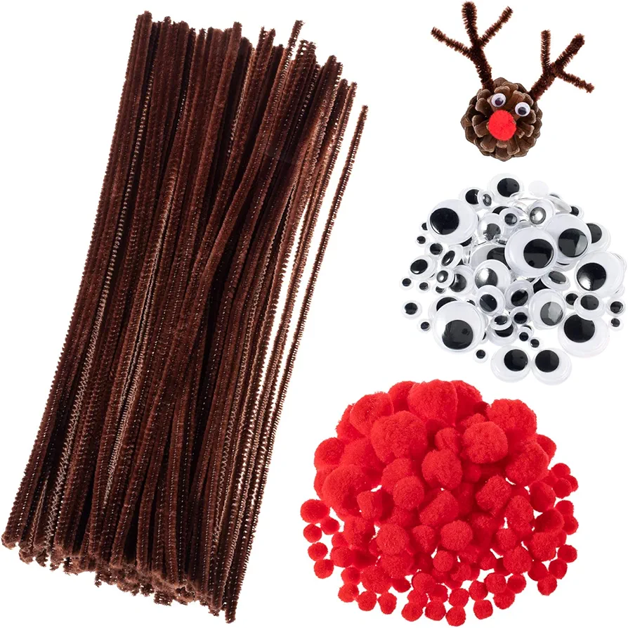 Whaline 350Pcs Christmas Pipe Cleaners Set Including 100Pcs Brown Craft Chenille Stems, 100Pcs Multi Sized Wiggle Googly Eyes and 150 Pcs Pompoms for Craft DIY Art Supplies