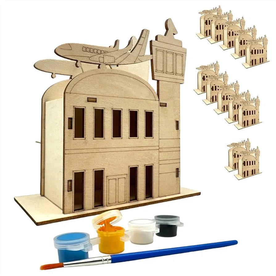 Oojami Wooden Airplane Airport Control Tower Crafting Kit: 12 DIY Unfinished Airplane Decoration Party Favors Supplies Ideal for Kids and Adults of All Ages with Paints and Brush (Pre-Assembled)
