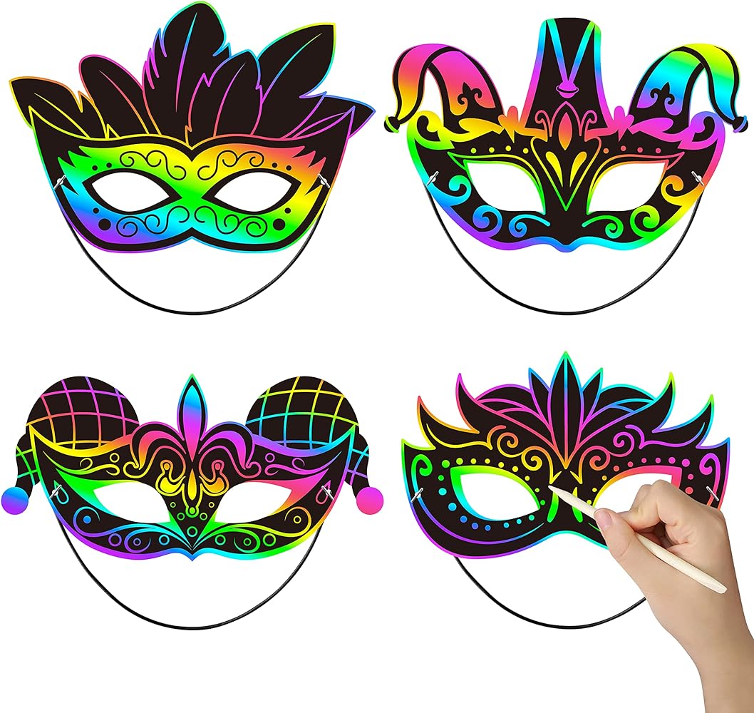 WATINC 24pcs Mardi Gras Halloween Scratch Masks for Kids, Carnival Prom Art Craft Kit, Masquerade Party DIY Magic Color Scratch Paper Mask, Costumes Dress Up Scratch Off Cards Supplies