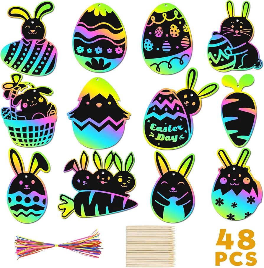 Easter Scratch Paper Art for Kids - 48 Pcs DIY Rainbow Scratch Paper Off Cards Set for Kids Crafts Arts Supplies Class Bulk Birthday Holiday Party Activity Gift