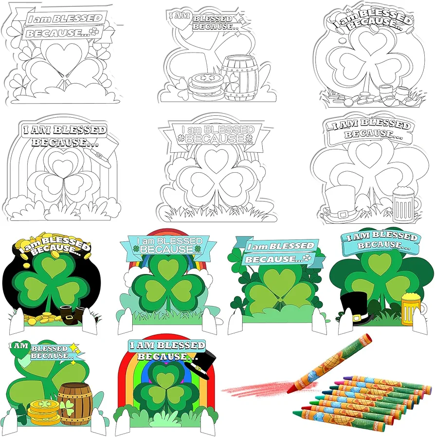 30 Sets St. Patrick's Day Crafts for Kids Color Your Own Blessings Shamrocks Craft with Crayons DIY Shamrock Crafts for Religious Sunday School St. Patrick's Day Home Party Supplies