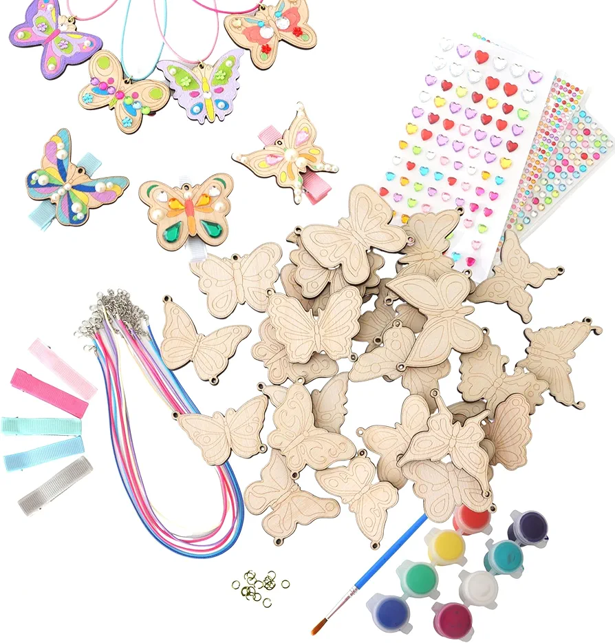 Zanuby Butterfly Jewelry Making Craft Kit for Girls Age 8-12 | Wooden Paint Crafts Gifts Set for Girls Teens Age 8 9 10 11 12 | Butterfly Necklaces | Arts and Crafts for Girls