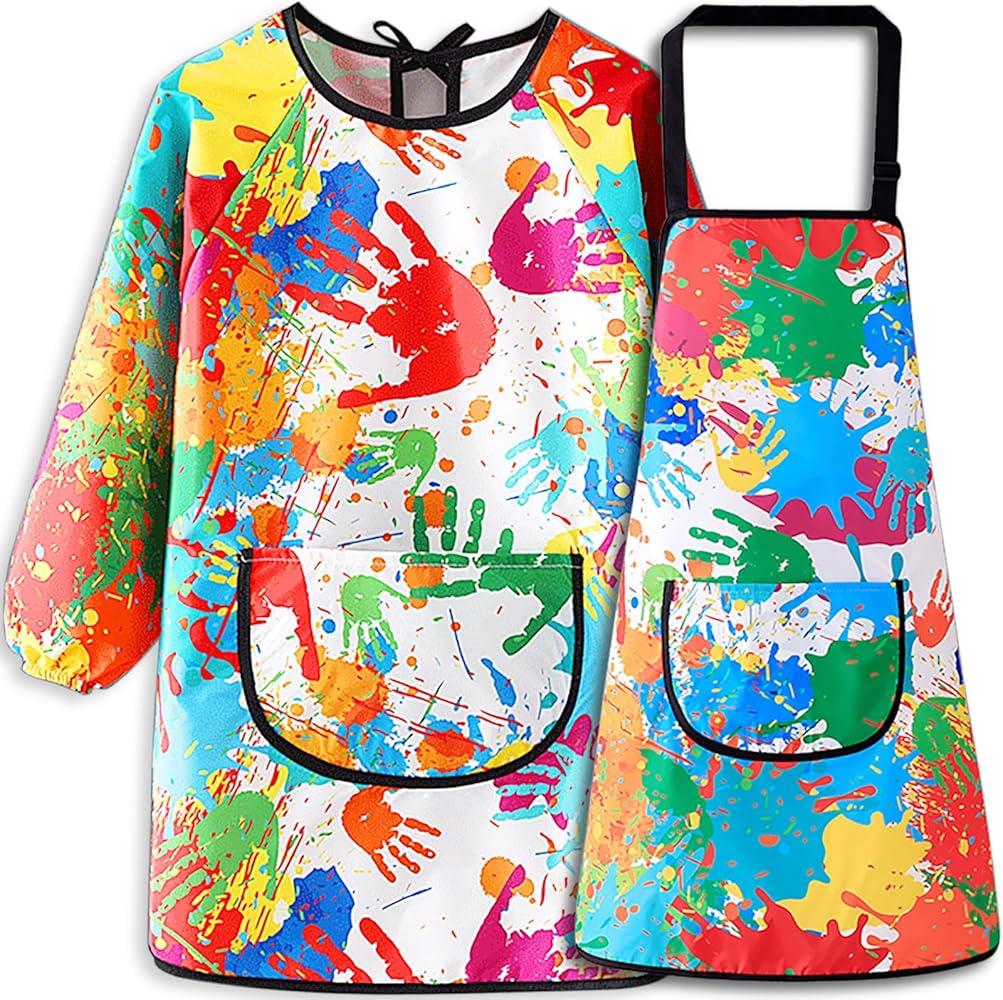 MINIQ Kids Art Smock,Painting Apron for Toddler,Children Artist Smock with Pocket and Long Sleeves,Long Section,Waterproof